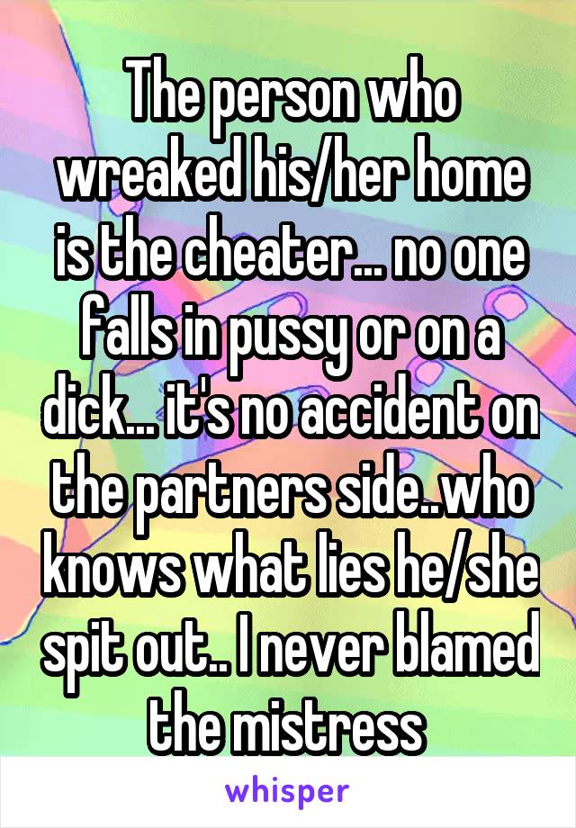 The person who wreaked his/her home is the cheater... no one falls in pussy or on a dick... it's no accident on the partners side..who knows what lies he/she spit out.. I never blamed the mistress 