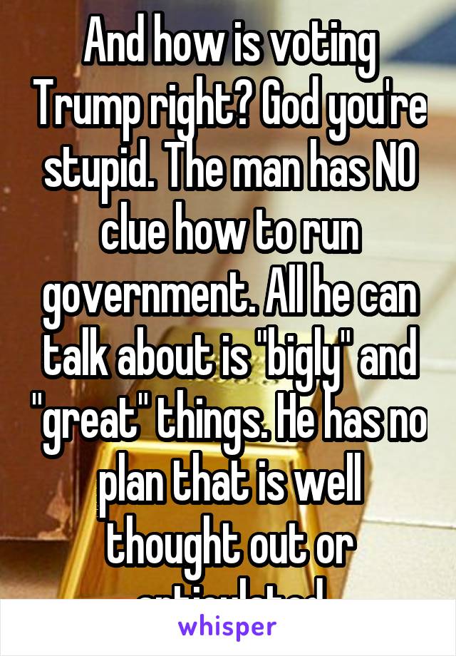 And how is voting Trump right? God you're stupid. The man has NO clue how to run government. All he can talk about is "bigly" and "great" things. He has no plan that is well thought out or articulated