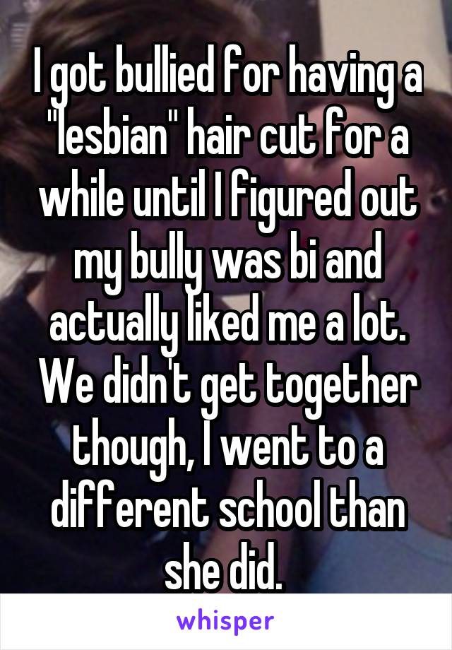 I got bullied for having a "lesbian" hair cut for a while until I figured out my bully was bi and actually liked me a lot. We didn't get together though, I went to a different school than she did. 