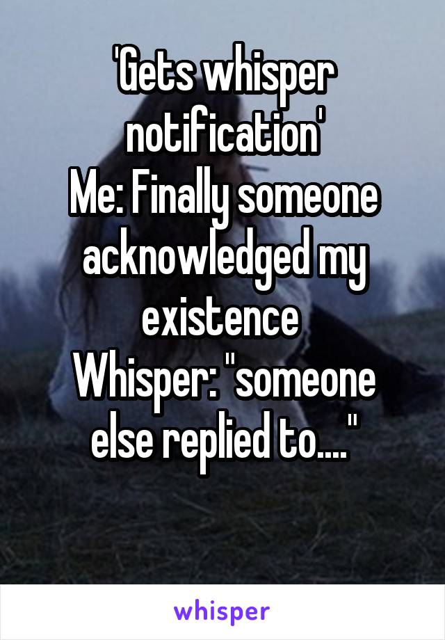 'Gets whisper notification'
Me: Finally someone acknowledged my existence 
Whisper: "someone else replied to...."

