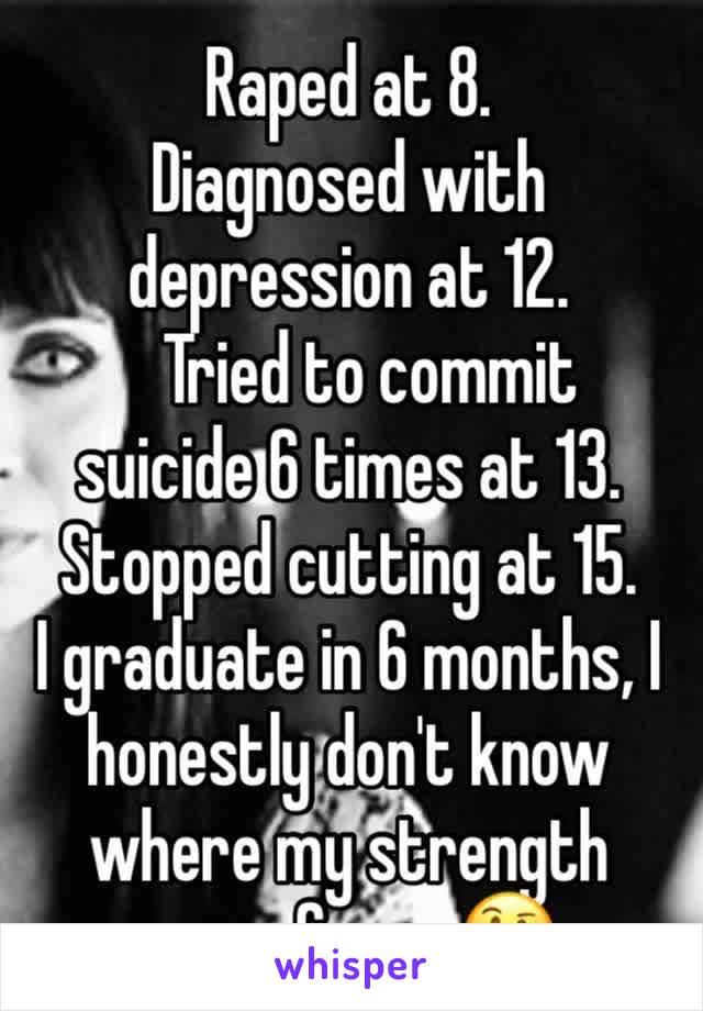 Raped at 8. 
Diagnosed with depression at 12. 
   Tried to commit      suicide 6 times at 13. 
Stopped cutting at 15. 
I graduate in 6 months, I honestly don't know where my strength came from. 🤔