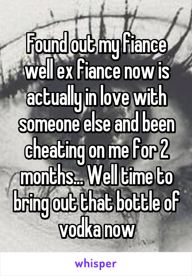 Found out my fiance well ex fiance now is actually in love with someone else and been cheating on me for 2 months... Well time to bring out that bottle of vodka now