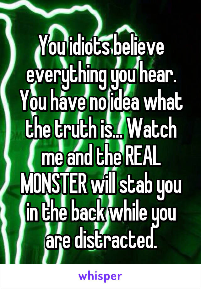 You idiots believe everything you hear. You have no idea what the truth is... Watch me and the REAL MONSTER will stab you in the back while you are distracted.