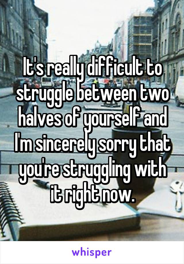 It's really difficult to struggle between two halves of yourself and I'm sincerely sorry that you're struggling with it right now.