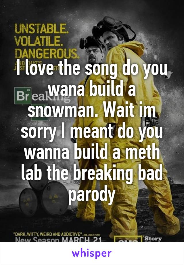 I love the song do you wana build a snowman. Wait im sorry I meant do you wanna build a meth lab the breaking bad parody