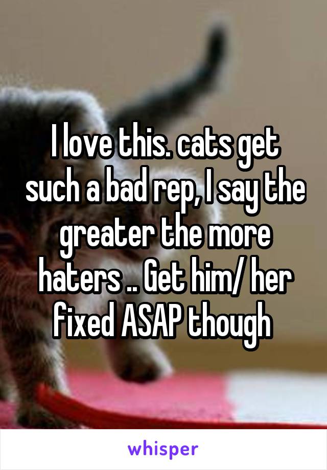 I love this. cats get such a bad rep, I say the greater the more haters .. Get him/ her fixed ASAP though 