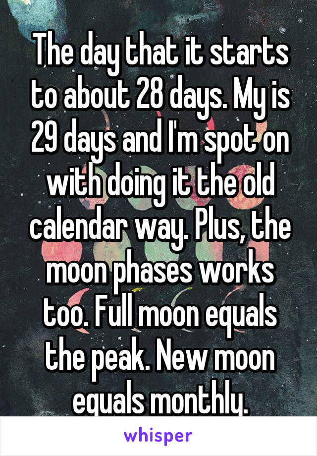 The day that it starts to about 28 days. My is 29 days and I'm spot on with doing it the old calendar way. Plus, the moon phases works too. Full moon equals the peak. New moon equals monthly.