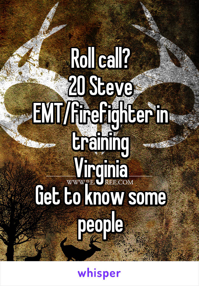 Roll call?
20 Steve EMT/firefighter in training
Virginia
Get to know some people