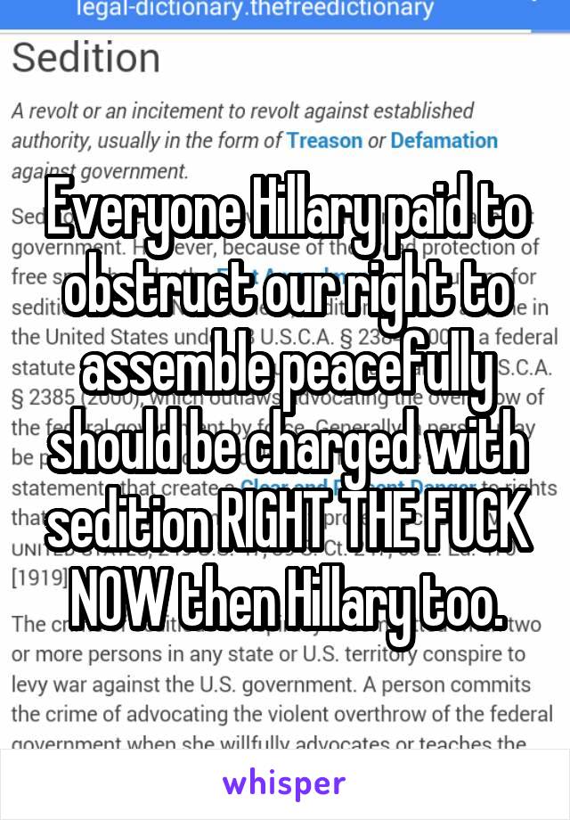 Everyone Hillary paid to obstruct our right to assemble peacefully should be charged with sedition RIGHT THE FUCK NOW then Hillary too.