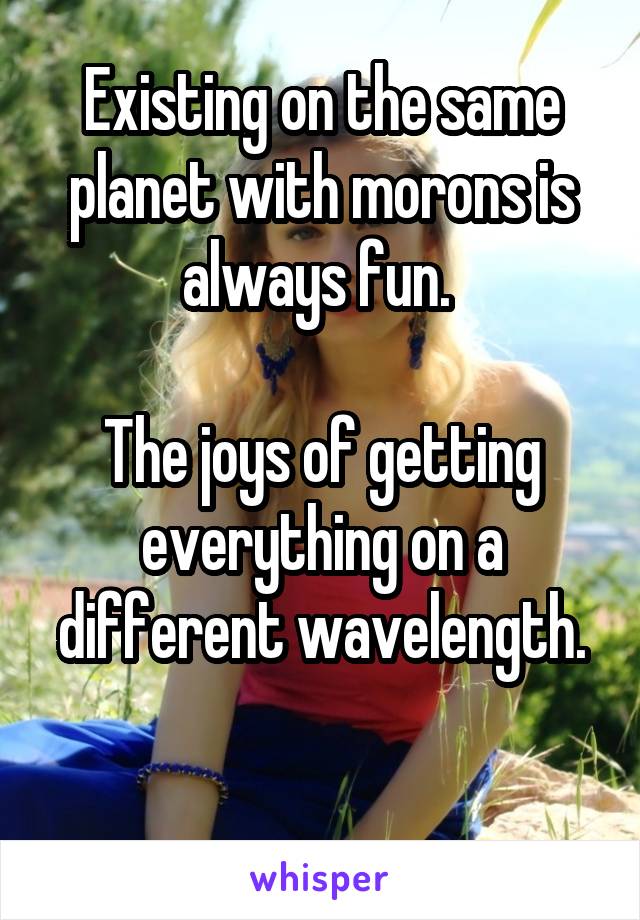 Existing on the same planet with morons is always fun. 

The joys of getting everything on a different wavelength.

