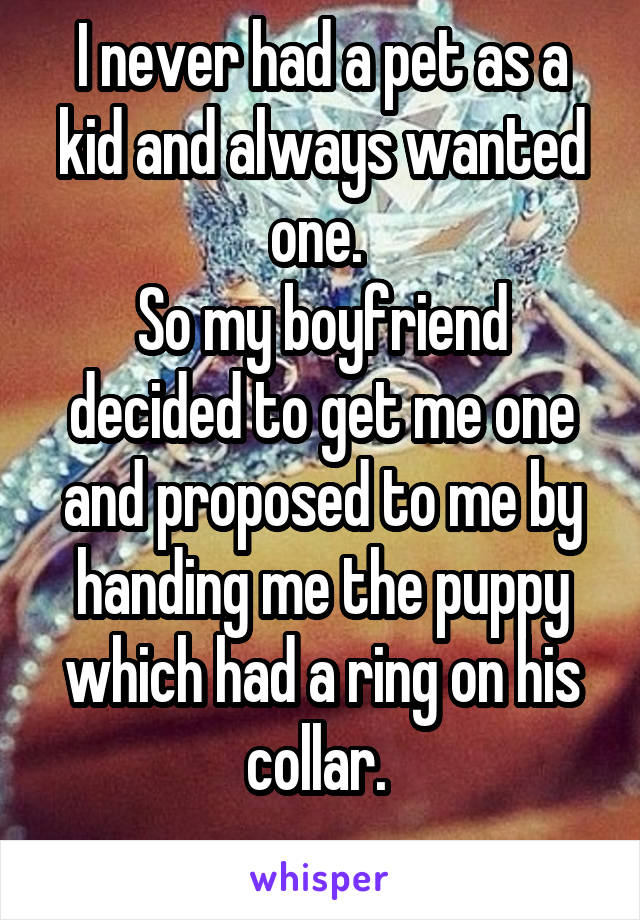 I never had a pet as a kid and always wanted one. 
So my boyfriend decided to get me one and proposed to me by handing me the puppy which had a ring on his collar. 
