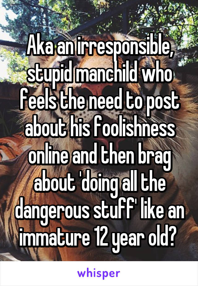 Aka an irresponsible, stupid manchild who feels the need to post about his foolishness online and then brag about 'doing all the dangerous stuff' like an immature 12 year old? 