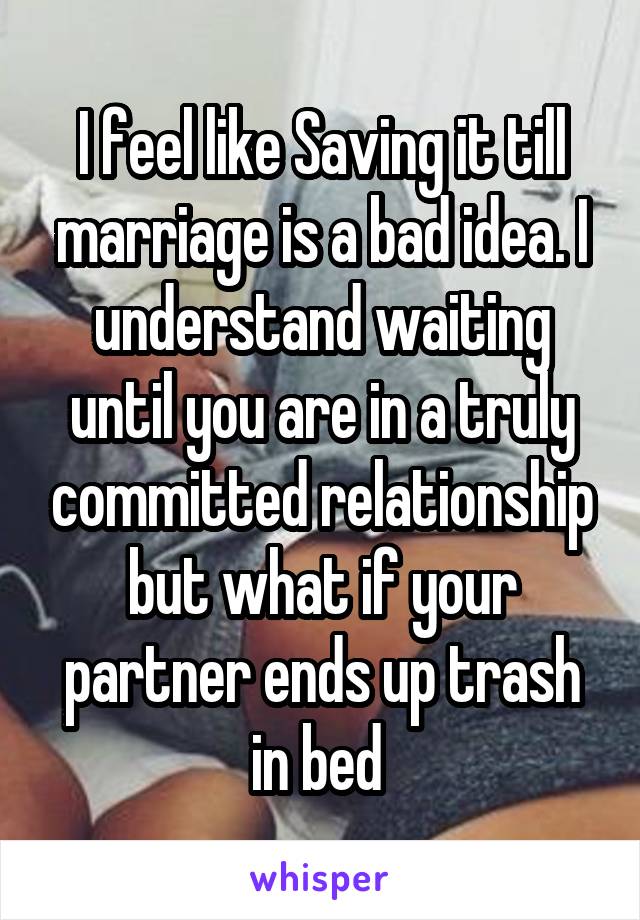 I feel like Saving it till marriage is a bad idea. I understand waiting until you are in a truly committed relationship but what if your partner ends up trash in bed 
