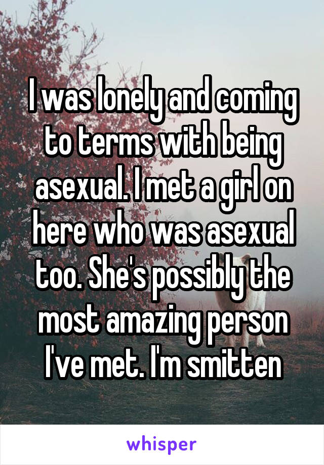 I was lonely and coming to terms with being asexual. I met a girl on here who was asexual too. She's possibly the most amazing person I've met. I'm smitten