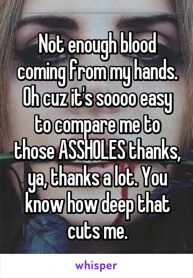 Not enough blood coming from my hands. Oh cuz it's soooo easy to compare me to those ASSHOLES thanks, ya, thanks a lot. You know how deep that cuts me.