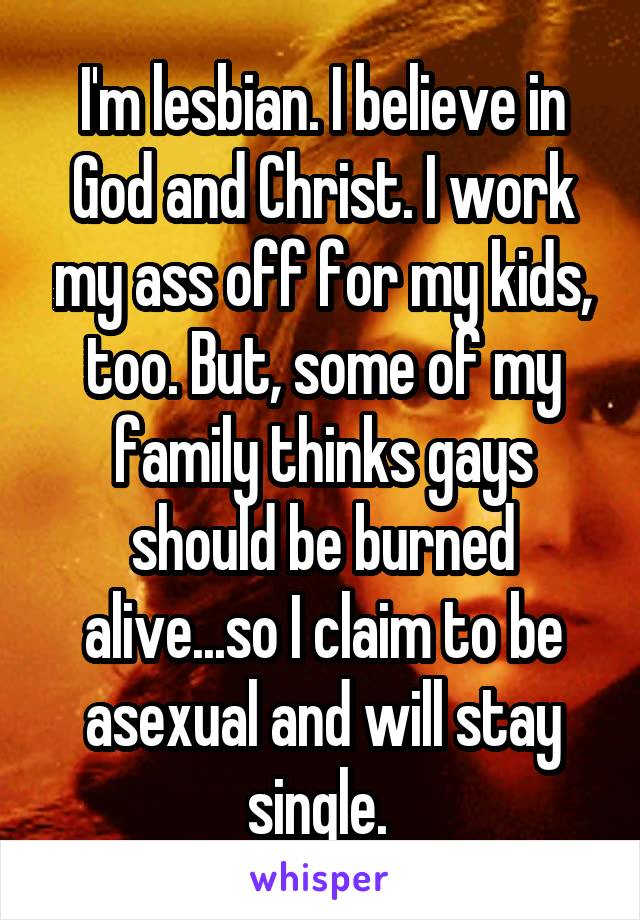 I'm lesbian. I believe in God and Christ. I work my ass off for my kids, too. But, some of my family thinks gays should be burned alive...so I claim to be asexual and will stay single. 
