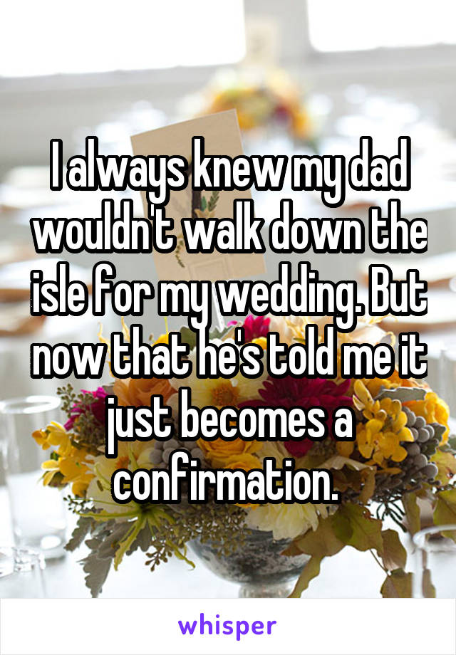 I always knew my dad wouldn't walk down the isle for my wedding. But now that he's told me it just becomes a confirmation. 