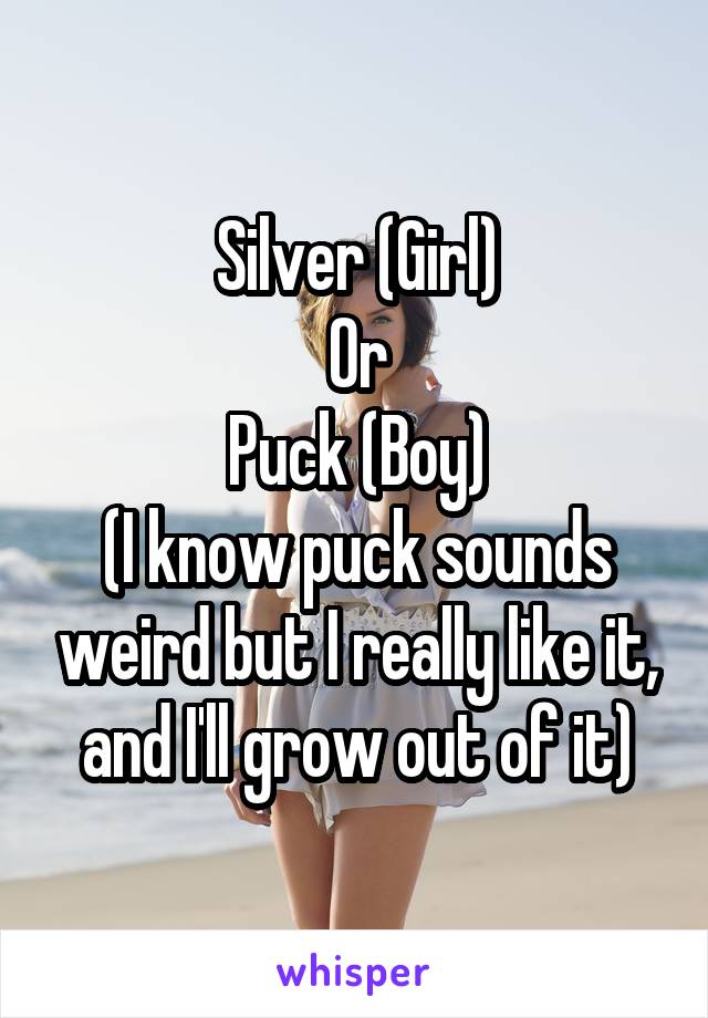 Silver (Girl)
Or
Puck (Boy)
(I know puck sounds weird but I really like it, and I'll grow out of it)