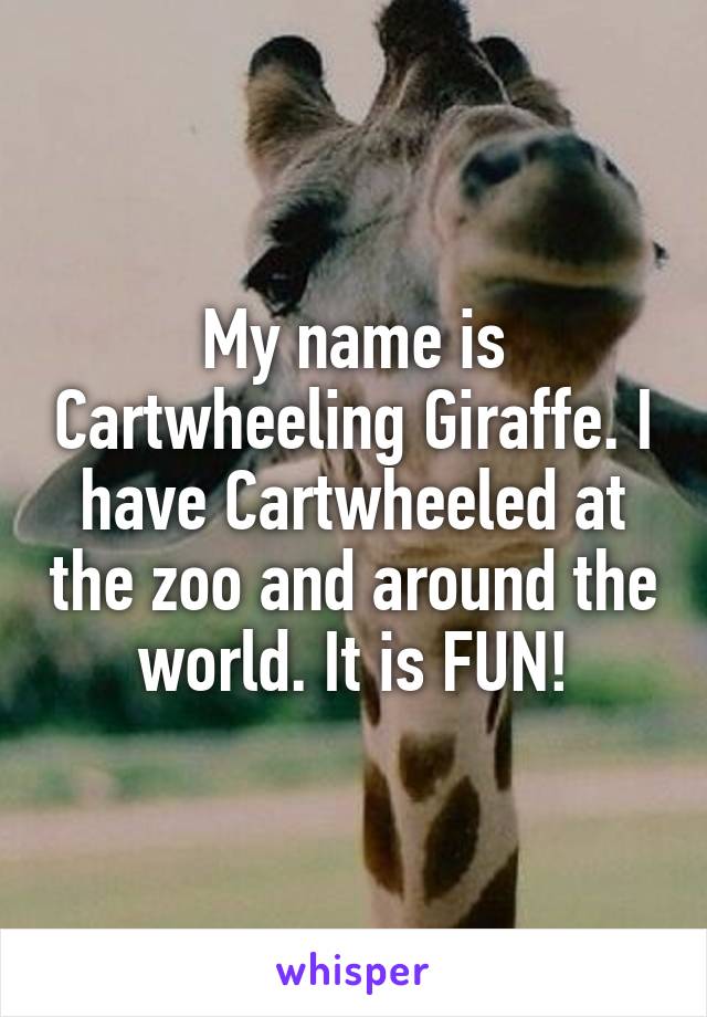 My name is Cartwheeling Giraffe. I have Cartwheeled at the zoo and around the world. It is FUN!