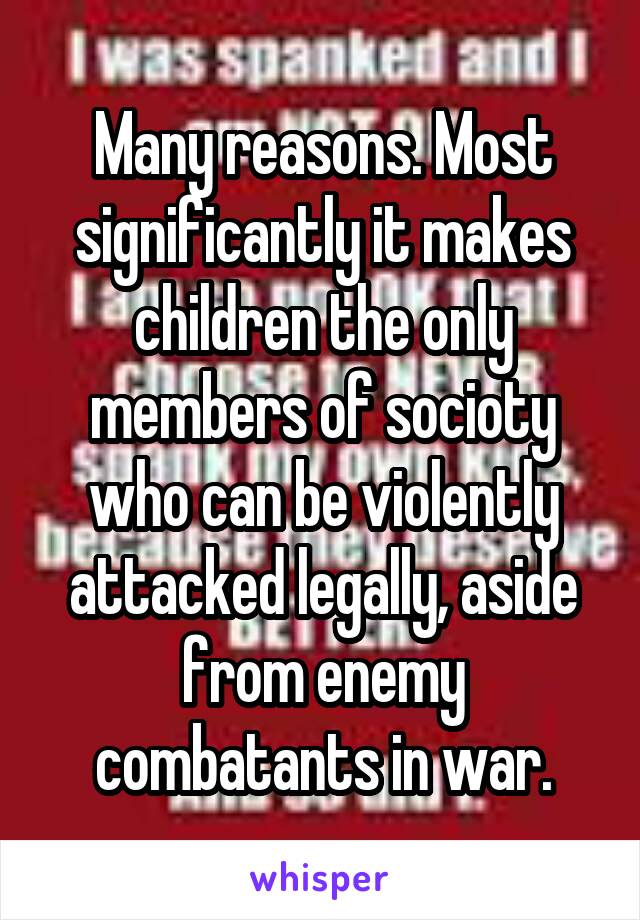 Many reasons. Most significantly it makes children the only members of socioty who can be violently attacked legally, aside from enemy combatants in war.
