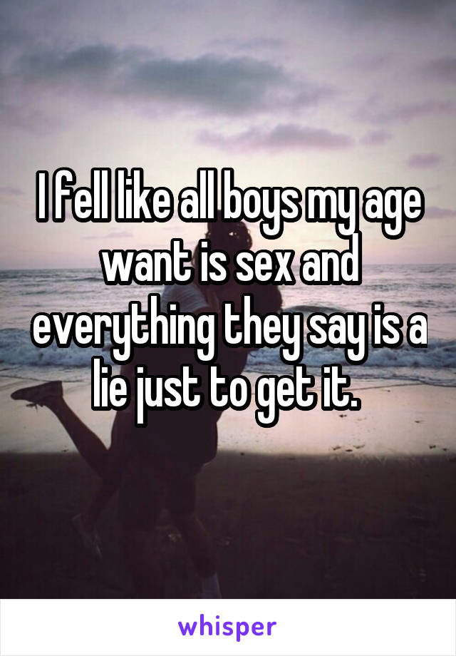I fell like all boys my age want is sex and everything they say is a lie just to get it. 
