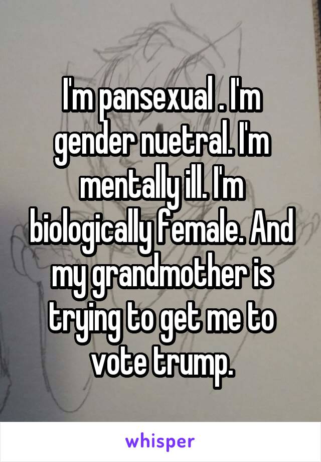I'm pansexual . I'm gender nuetral. I'm mentally ill. I'm biologically female. And my grandmother is trying to get me to vote trump.