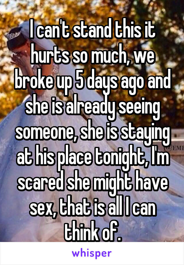 I can't stand this it hurts so much, we broke up 5 days ago and she is already seeing someone, she is staying at his place tonight, I'm scared she might have sex, that is all I can think of.