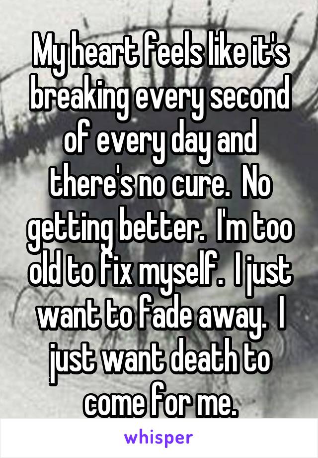 My heart feels like it's breaking every second of every day and there's no cure.  No getting better.  I'm too old to fix myself.  I just want to fade away.  I just want death to come for me.