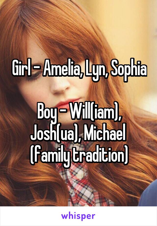 Girl - Amelia, Lyn, Sophia

Boy - Will(iam), Josh(ua), Michael 
(family tradition)