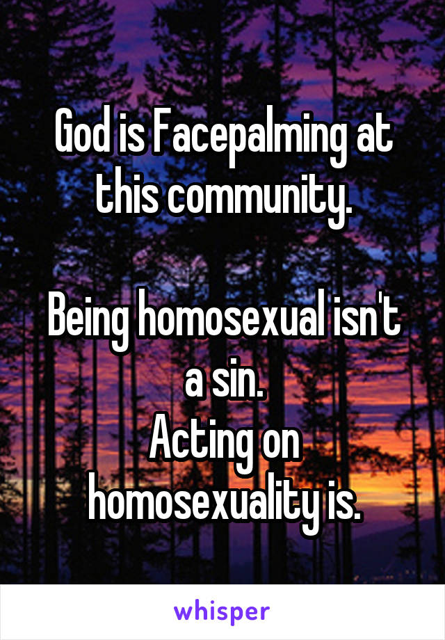 God is Facepalming at this community.

Being homosexual isn't a sin.
Acting on homosexuality is.