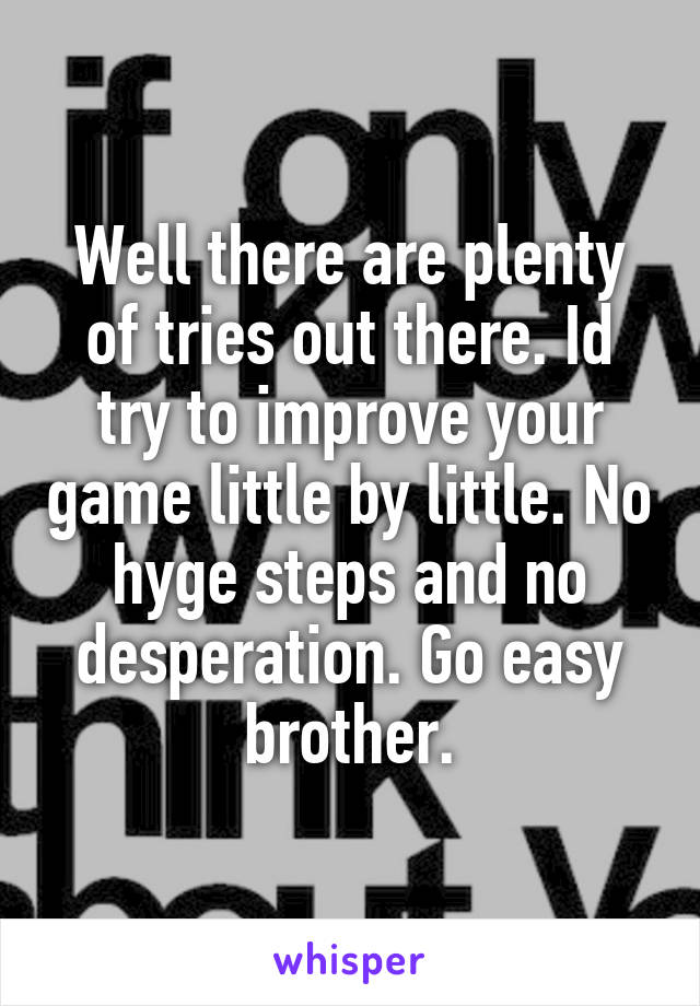 Well there are plenty of tries out there. Id try to improve your game little by little. No hyge steps and no desperation. Go easy brother.