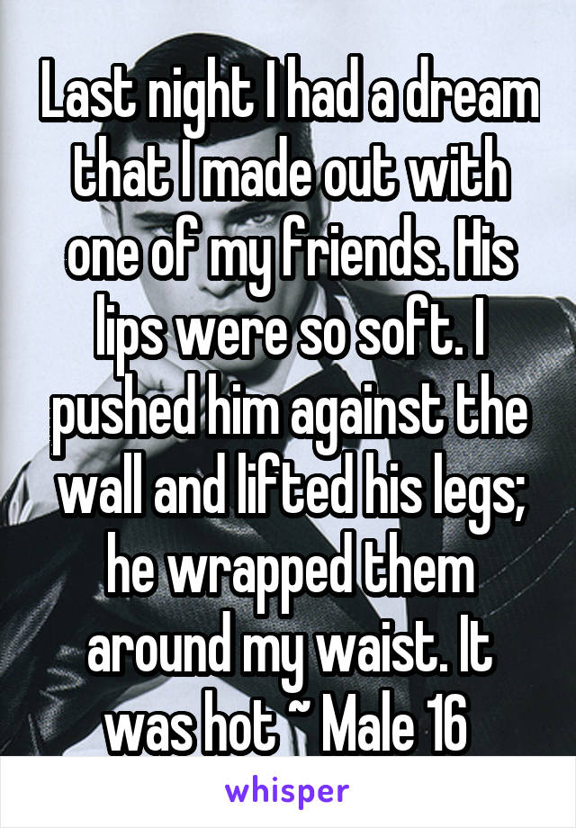 Last night I had a dream that I made out with one of my friends. His lips were so soft. I pushed him against the wall and lifted his legs; he wrapped them around my waist. It was hot ~ Male 16 