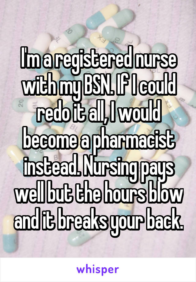 I'm a registered nurse with my BSN. If I could redo it all, I would become a pharmacist instead. Nursing pays well but the hours blow and it breaks your back.