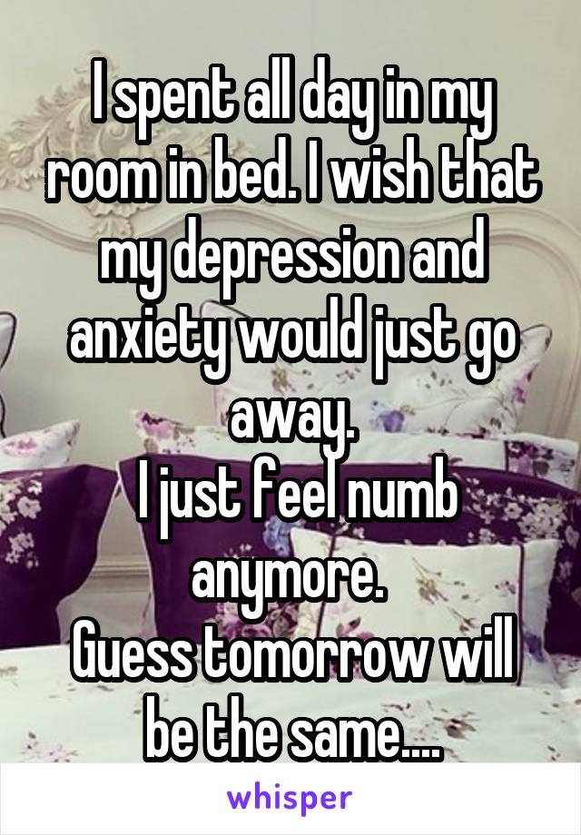 I spent all day in my room in bed. I wish that my depression and anxiety would just go away.
 I just feel numb anymore. 
Guess tomorrow will be the same....