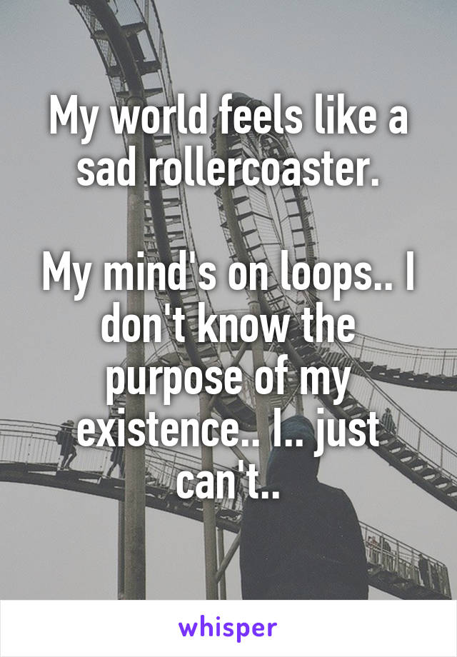 My world feels like a sad rollercoaster.

My mind's on loops.. I don't know the purpose of my existence.. I.. just can't..
