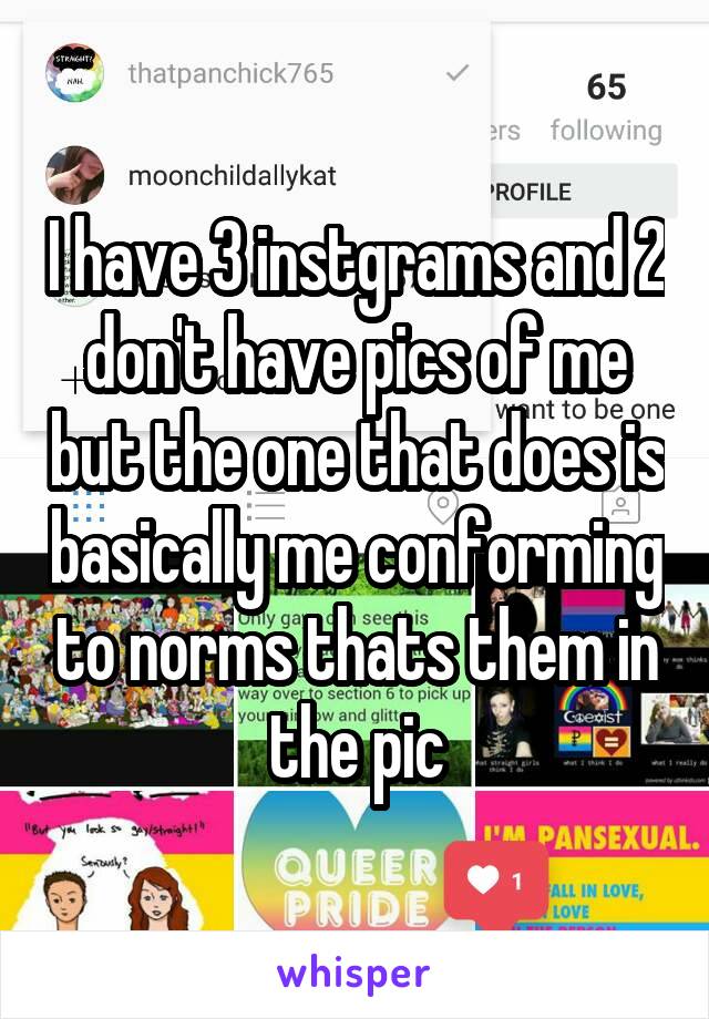 I have 3 instgrams and 2 don't have pics of me but the one that does is basically me conforming to norms thats them in the pic