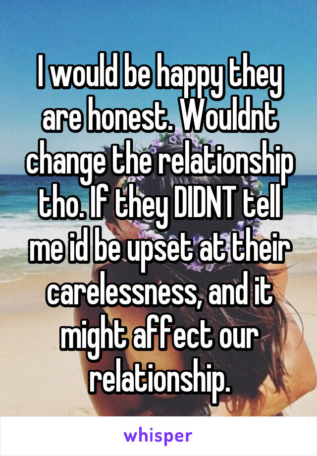 I would be happy they are honest. Wouldnt change the relationship tho. If they DIDNT tell me id be upset at their carelessness, and it might affect our relationship.