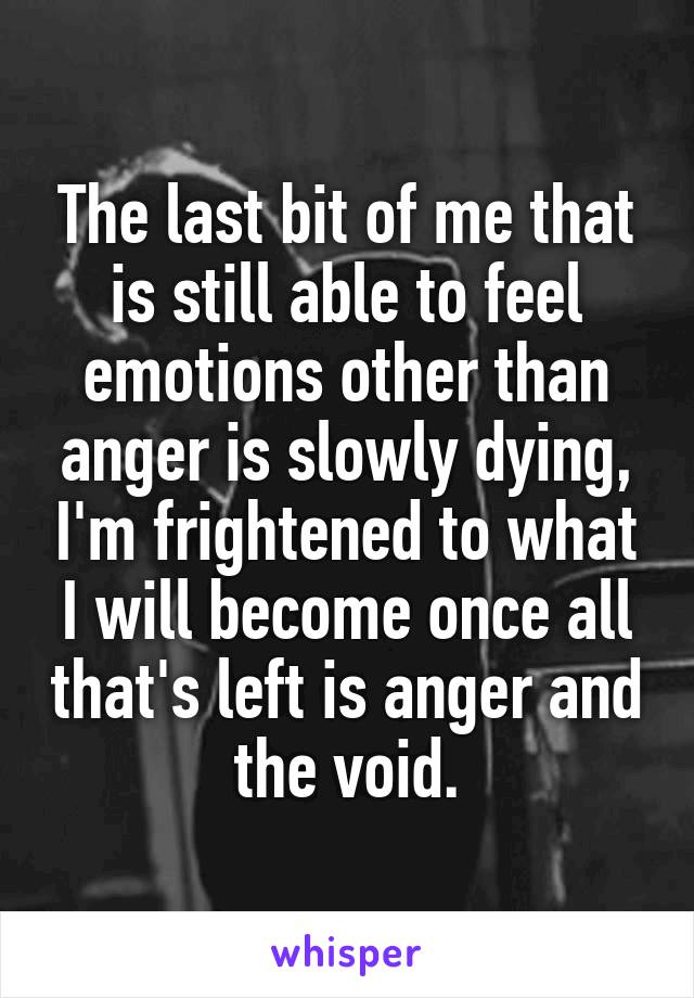 The last bit of me that is still able to feel emotions other than anger is slowly dying, I'm frightened to what I will become once all that's left is anger and the void.
