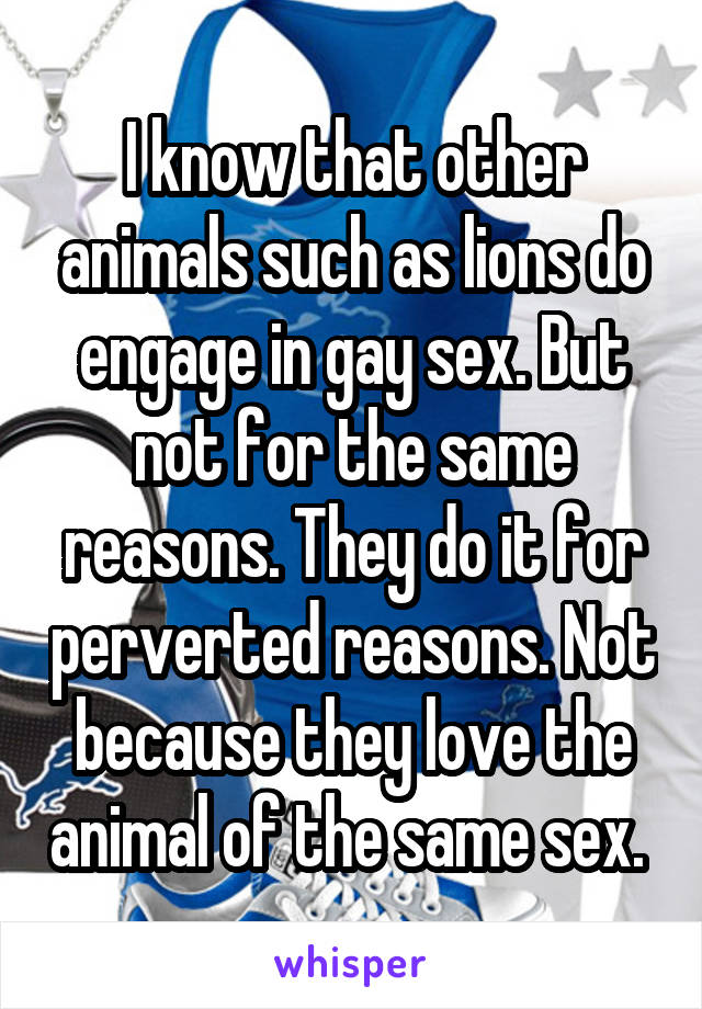I know that other animals such as lions do engage in gay sex. But not for the same reasons. They do it for perverted reasons. Not because they love the animal of the same sex. 
