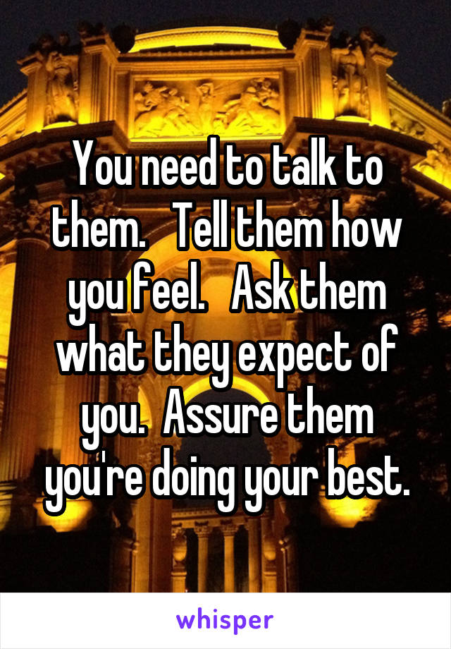 You need to talk to them.   Tell them how you feel.   Ask them what they expect of you.  Assure them you're doing your best.