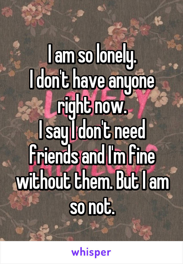 I am so lonely.
I don't have anyone right now.
I say I don't need friends and I'm fine without them. But I am so not.