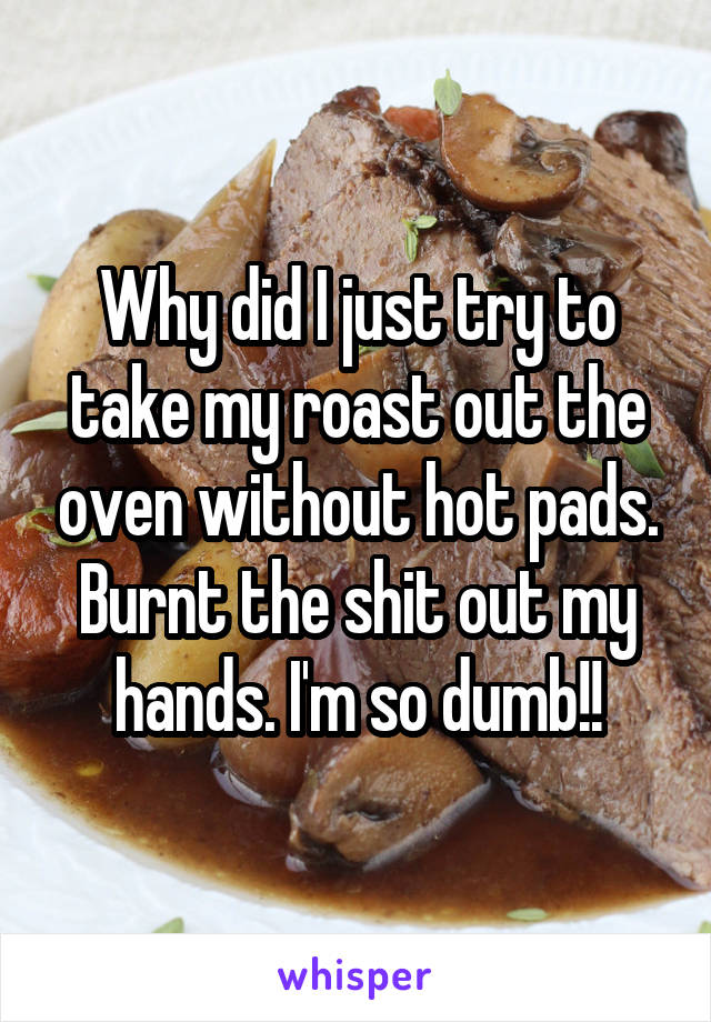 Why did I just try to take my roast out the oven without hot pads. Burnt the shit out my hands. I'm so dumb!!