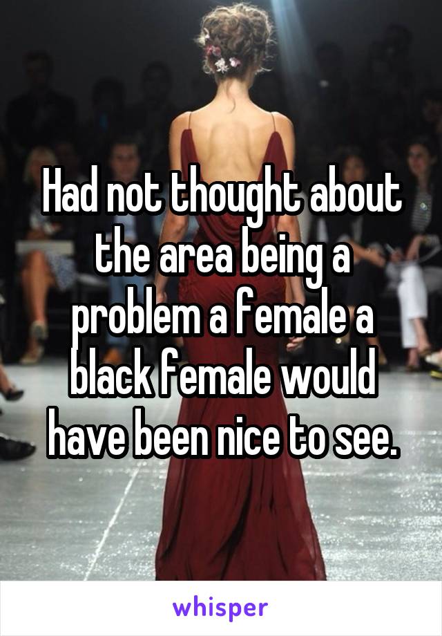 Had not thought about the area being a problem a female a black female would have been nice to see.