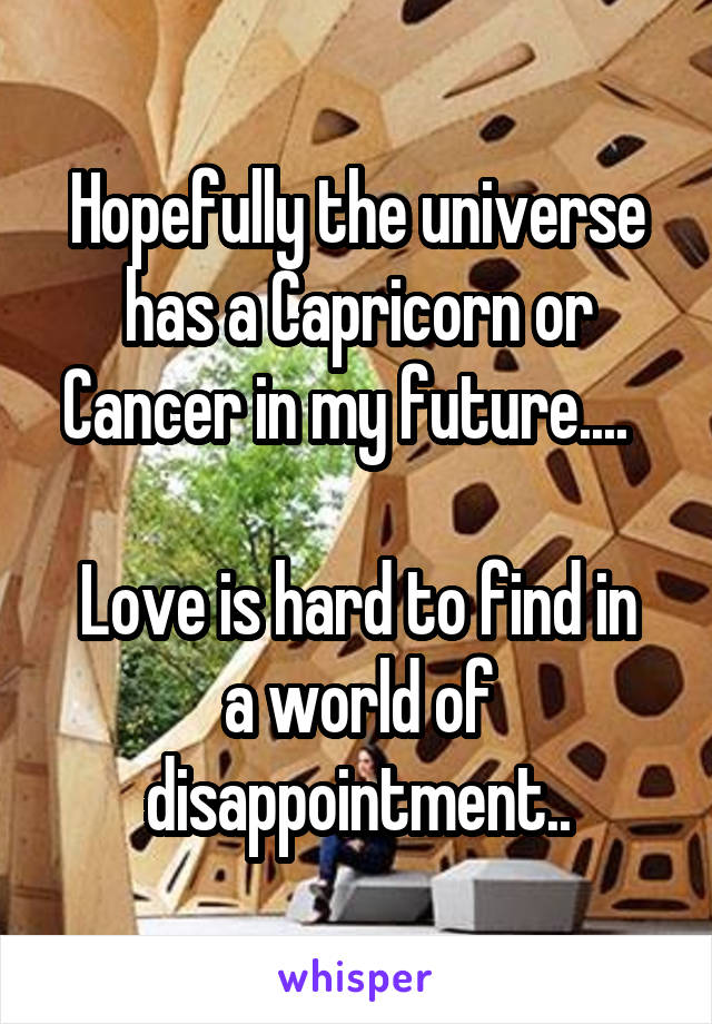 Hopefully the universe has a Capricorn or Cancer in my future....  

Love is hard to find in a world of disappointment..