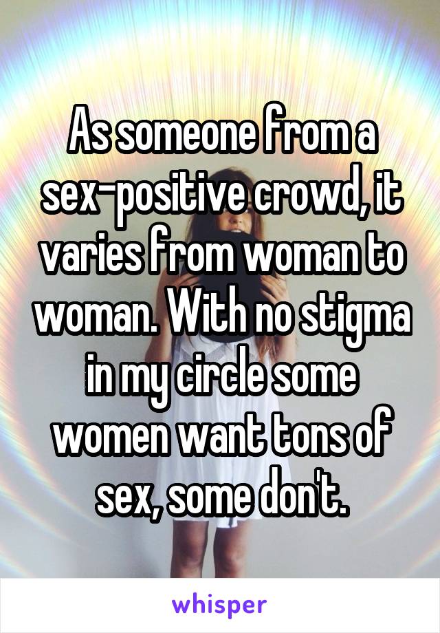 As someone from a sex-positive crowd, it varies from woman to woman. With no stigma in my circle some women want tons of sex, some don't.
