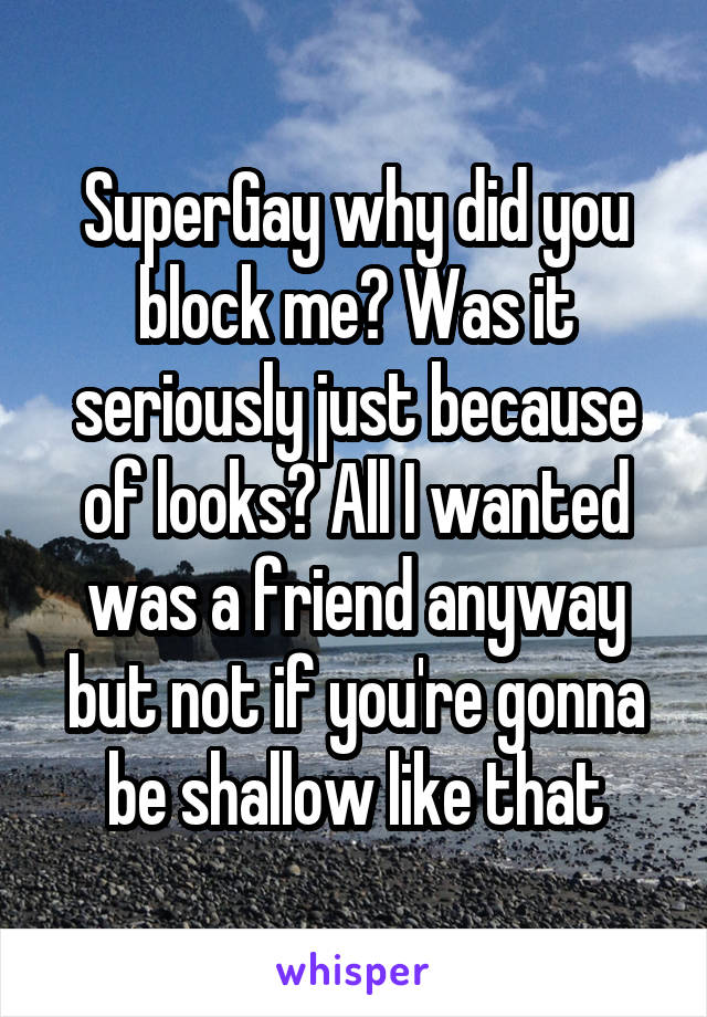 SuperGay why did you block me? Was it seriously just because of looks? All I wanted was a friend anyway but not if you're gonna be shallow like that