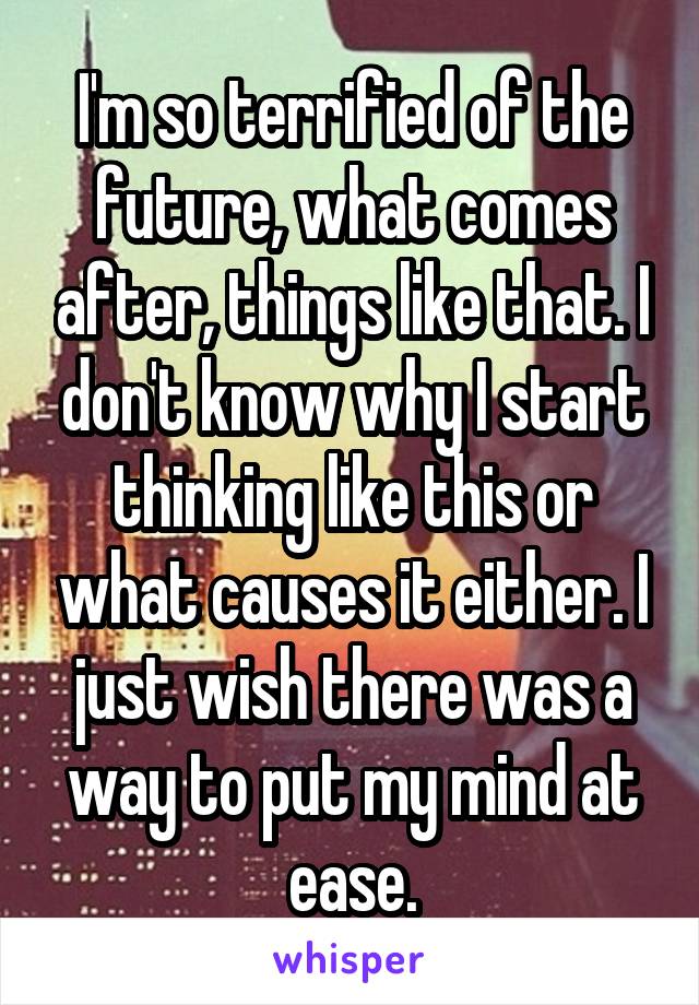 I'm so terrified of the future, what comes after, things like that. I don't know why I start thinking like this or what causes it either. I just wish there was a way to put my mind at ease.
