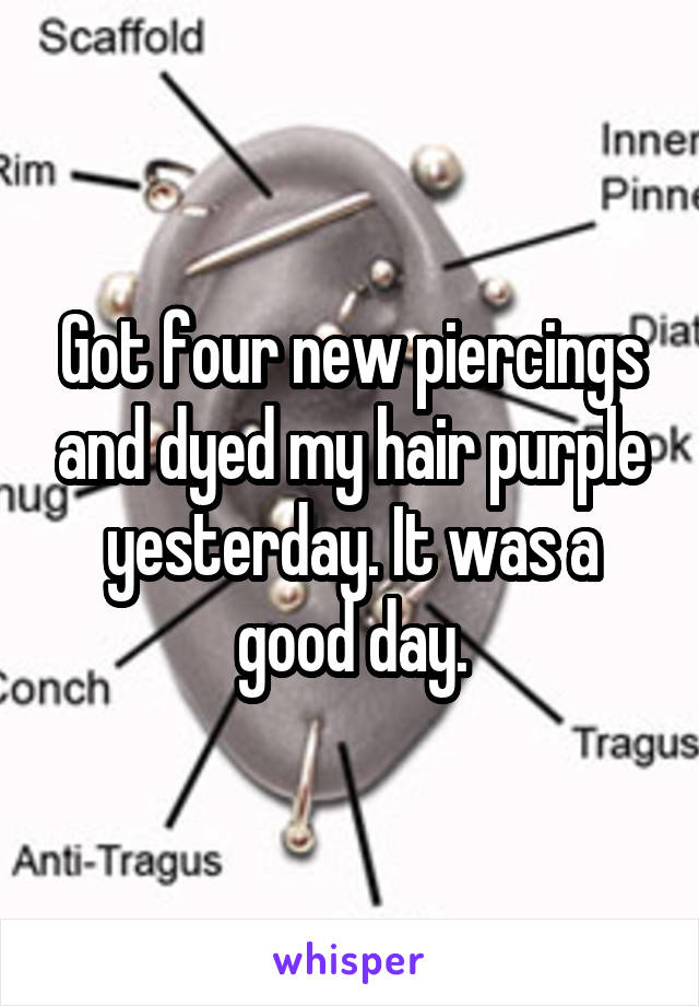 Got four new piercings and dyed my hair purple yesterday. It was a good day.
