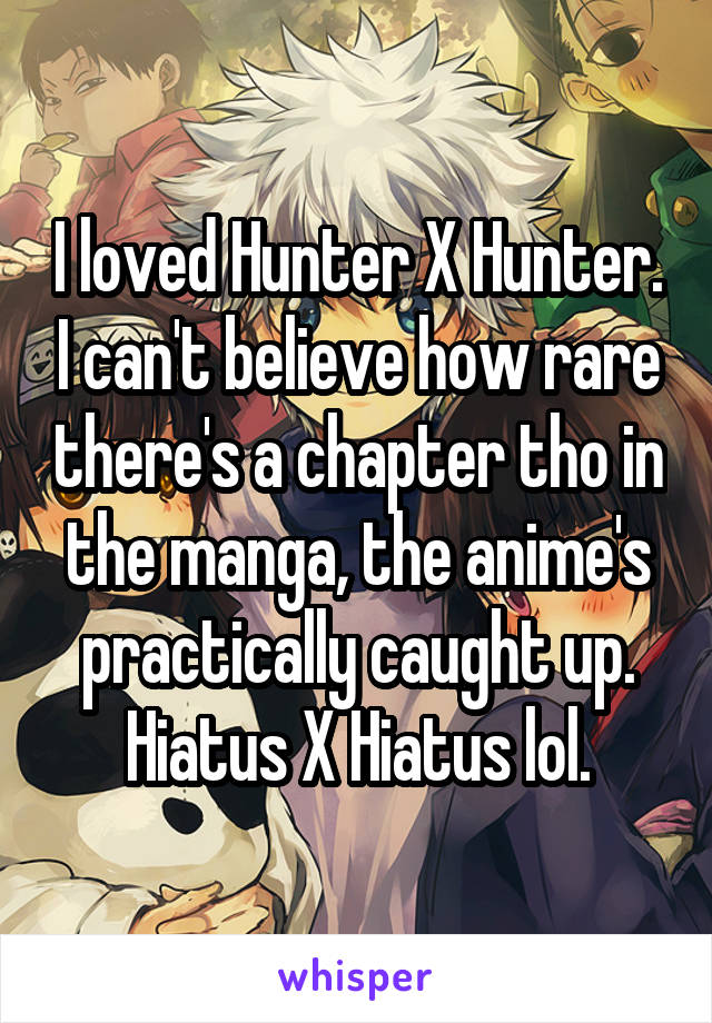 I loved Hunter X Hunter. I can't believe how rare there's a chapter tho in the manga, the anime's practically caught up. Hiatus X Hiatus lol.