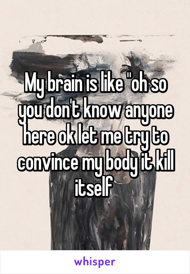 My brain is like "oh so you don't know anyone here ok let me try to convince my body it kill itself 